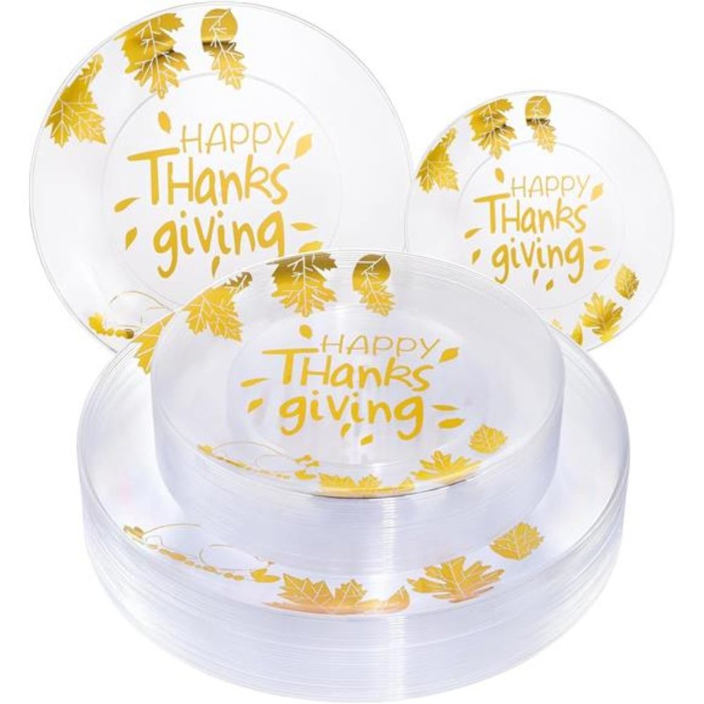 60 PCS Thanksgiving Plates, Clear and Gold Plastic Plates,   Disposable Plates